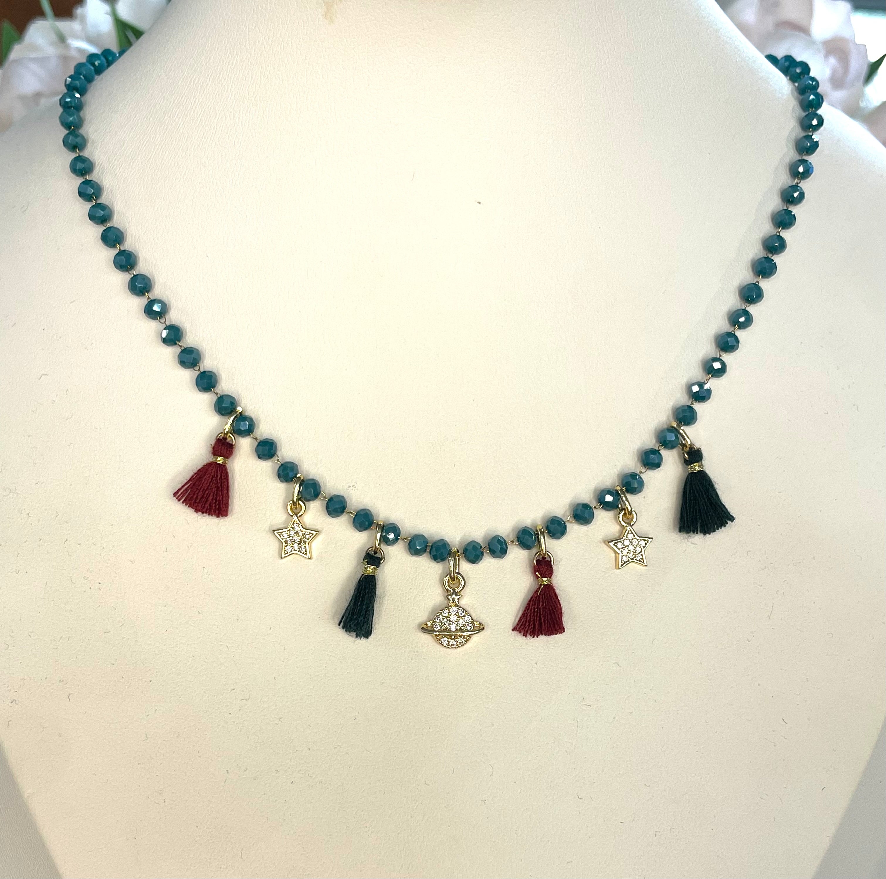 Girocollo rosario con cristalli ottanio con charms